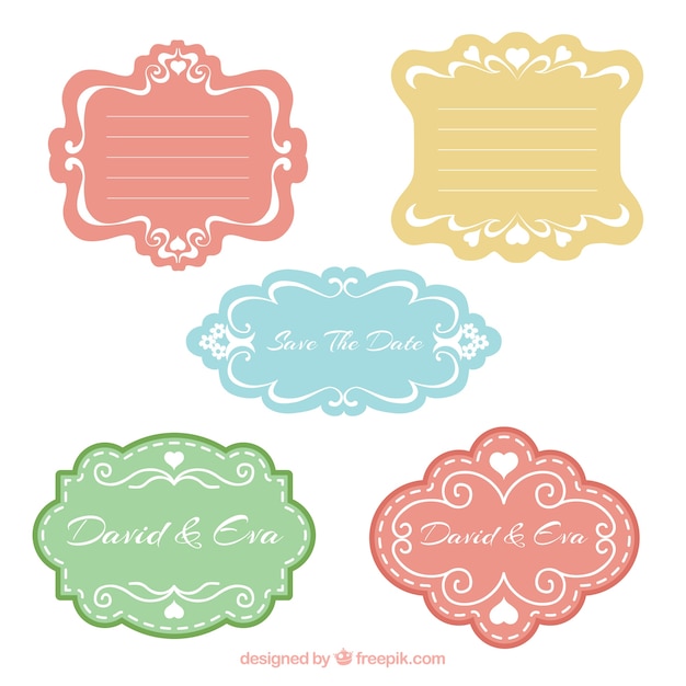 Set of colored wedding badges in vintage style