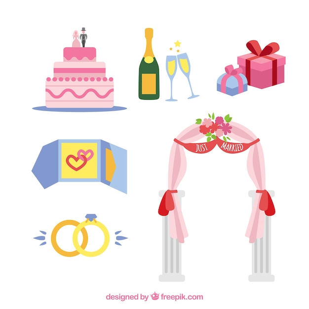 Colored Wedding Elements in Flat Design Free Vector Download