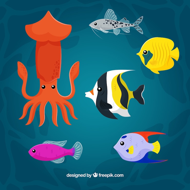 Free Vector set of colorful aquatic animals in different species
