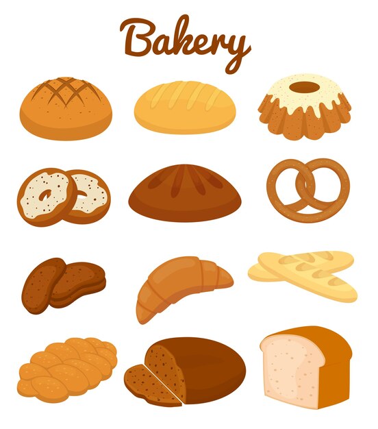 Set of colorful bakery icons depicting pretzels  muffins  loaves of bread