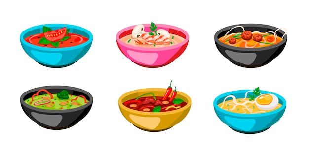 Набор красочных тарелок супа. Иллюстрации шаржа