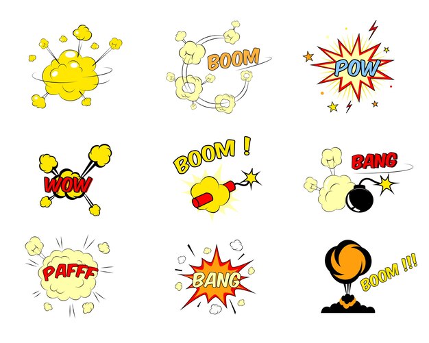 Set of colorful bright red and yellow comic cartoon text explosions depicting a boom