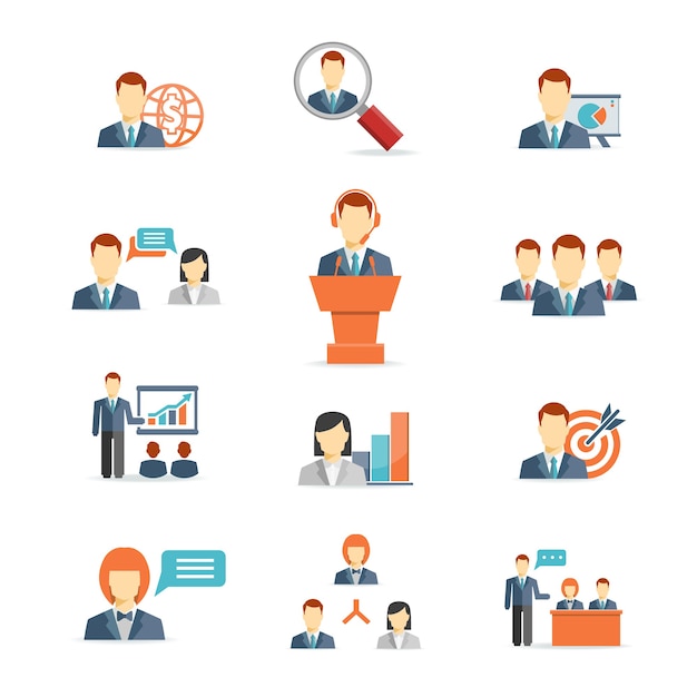 Set of colorful business people vector icons showing training\
target presentation global online meetings discussion teamwork\
analysis and graphs isolated on white