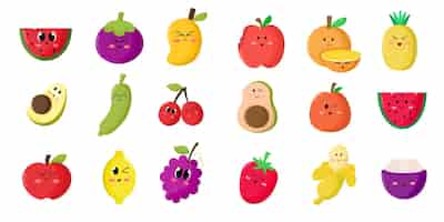 Free vector set of colorful cartoon fruit icon apple pear strawberry orange peach plum banana watermelon pineapple papaya grapes cherry kiwi lemon mango vector illustration