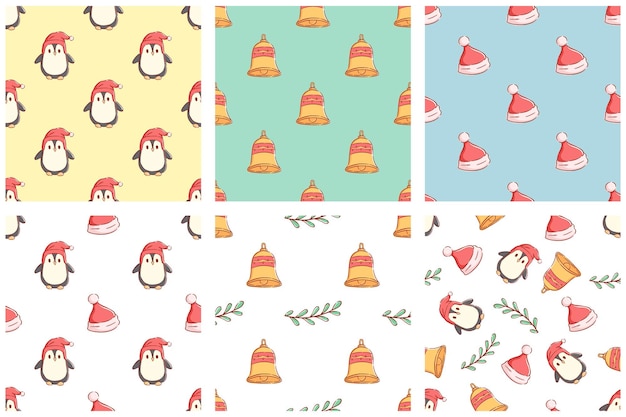 Set of colorful christmas elements or character in seamless patterns with penguin bell and hat