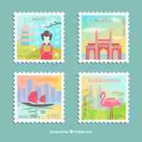 Free vector set of colorful city stamps