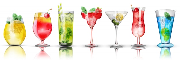 set of colorful cocktails. bright colors. citrus and berries toppings