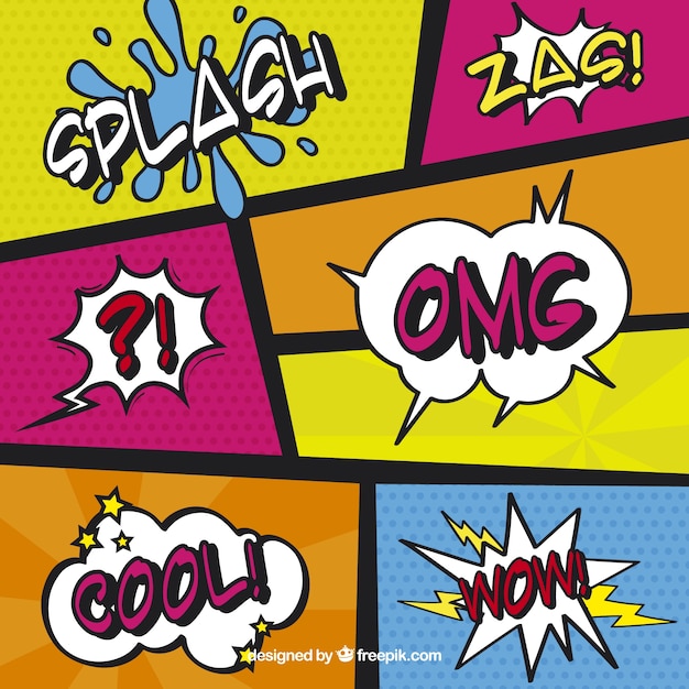 Free vector set of colorful comic vignettes and onomatopoeias