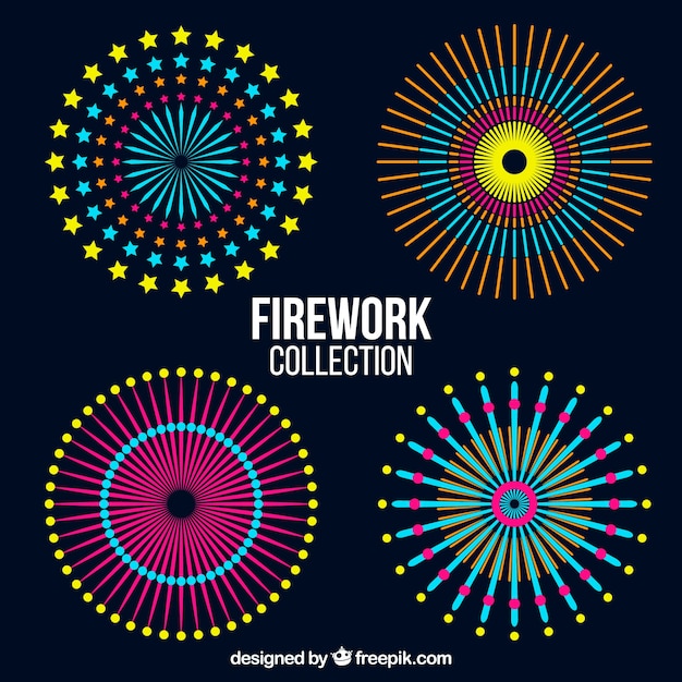 Free vector set of colorful fireworks in flat design