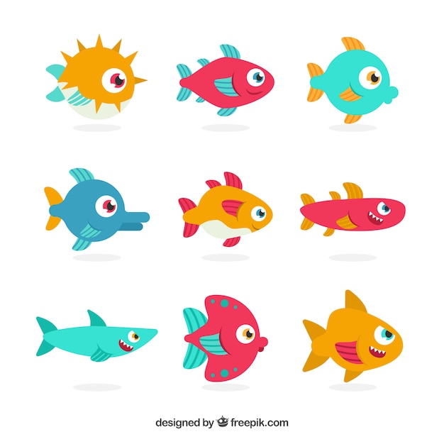 Free vector set of colorful fishes in flat style