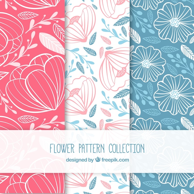 Set of colorful flower patterns in hand drawn style