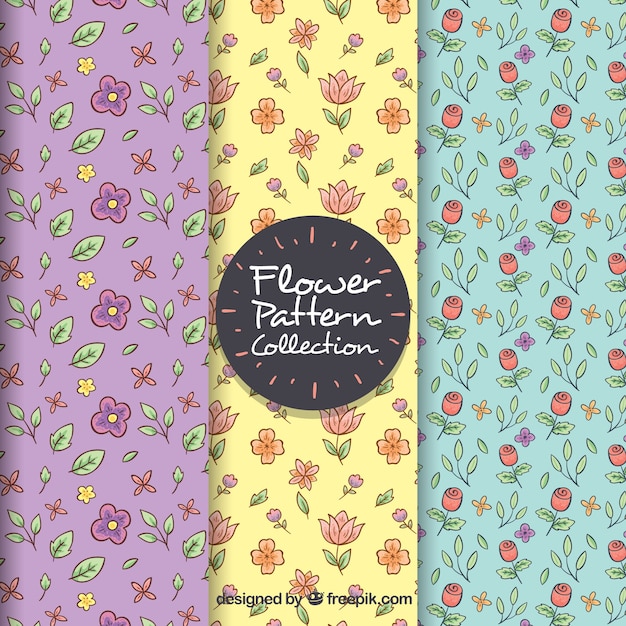 Set of colorful flower patterns in hand drawn style