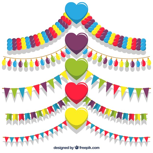 Set of colorful garlands with hearts