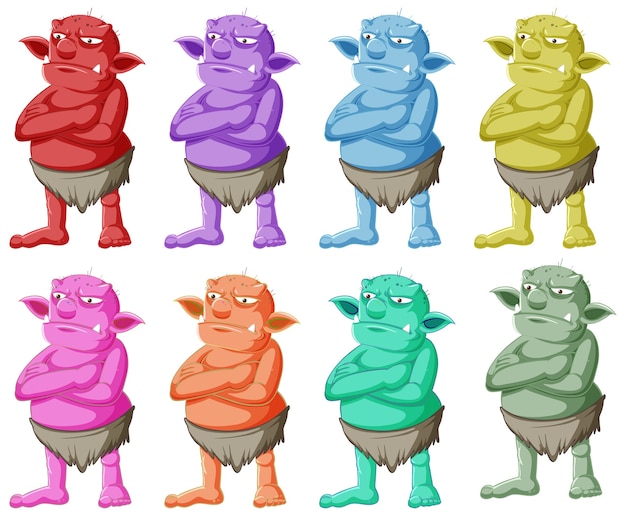 Vettore gratuito set di colorato goblin o troll posa in piedi con la faccia di rabbia nel personaggio dei cartoni animati isolato