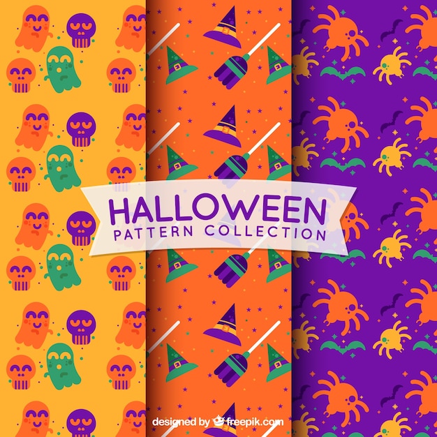 Free vector set of colorful halloween patterns in flat design