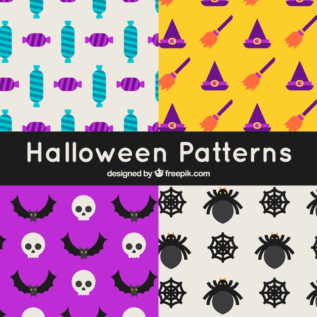 Set of colorful halloween patterns in flat design