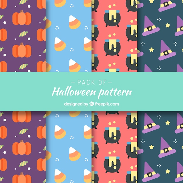 Set of colorful halloween patterns in flat design