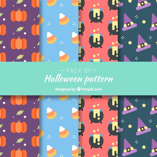 フラットデザインでカラフルなハロウィーンのパターンのセット