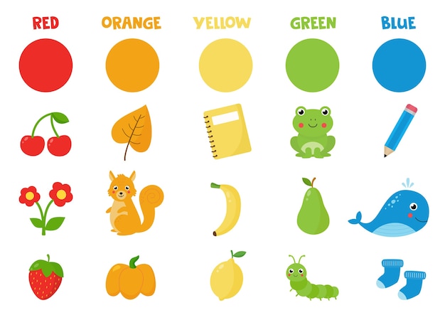 Download Premium Vector Set Of Colorful Objects Learning Basic Colors For Preschoolers Flashcard With Red Green Orange Blue Yellow Colors