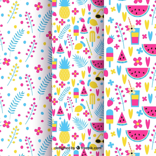 Set of colorful patterns of flowers and fruits