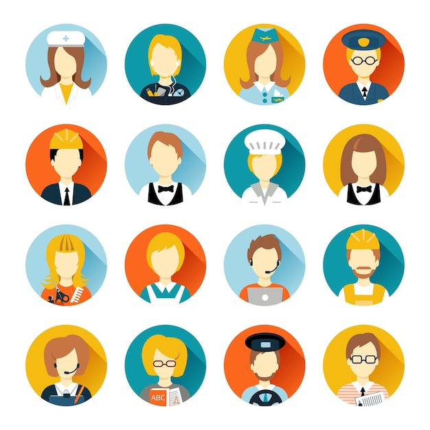 Free vector set of colorful profession people flat style icons in circles with long shadows vector illustration