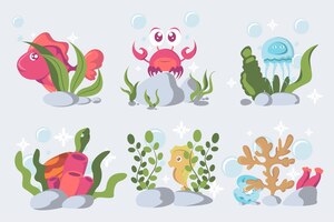 Set of colorful sea creature under ocean and plants in cartoon style
