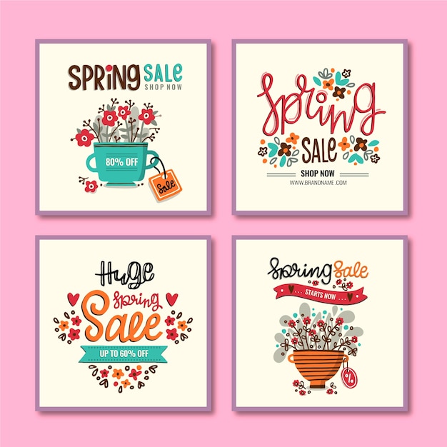 Set of colorful spring sale posts