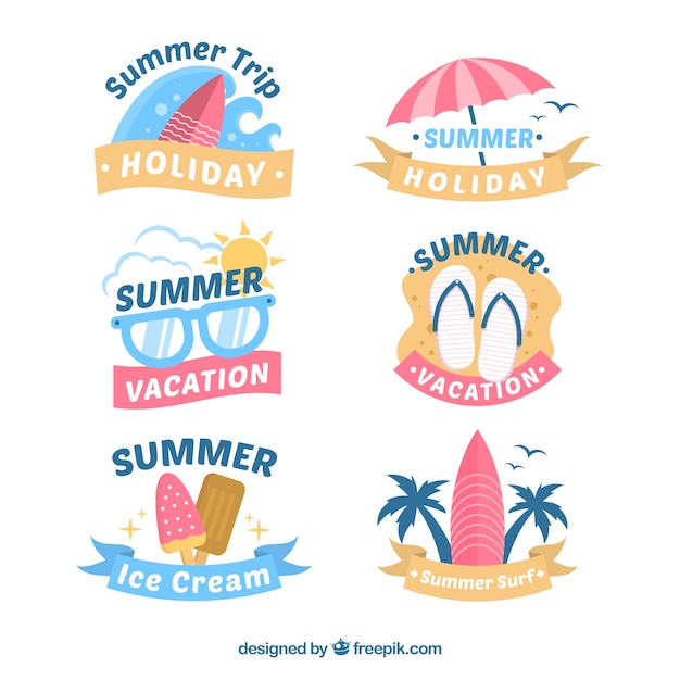 Free vector set of colorful summer badges with beach elements in flat style