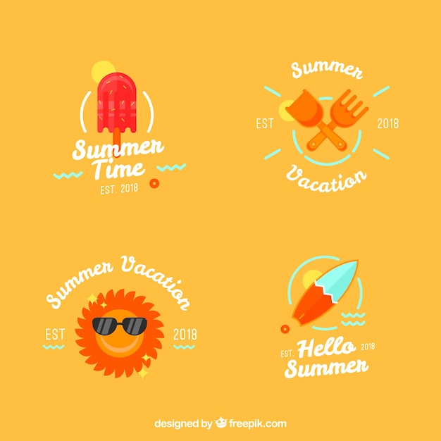 Набор ярких летних значков с элементами пляжа в плоском стиле