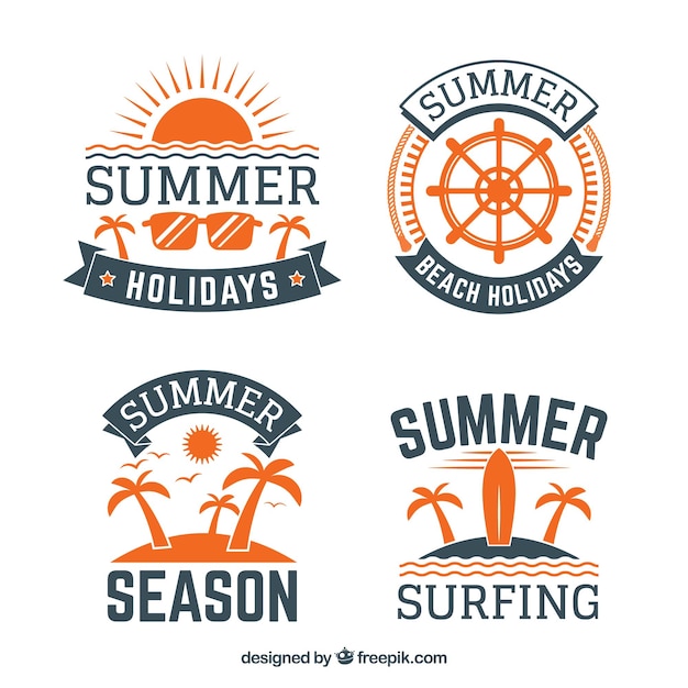 Free vector set of colorful summer badges with beach elements in flat style