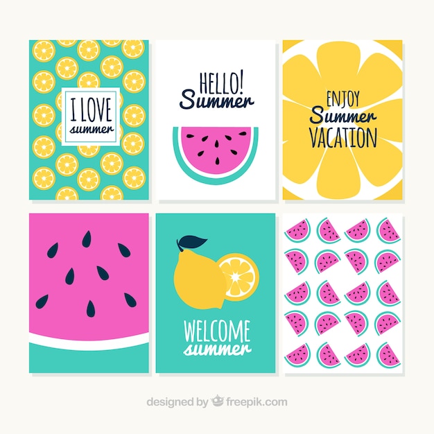 Set of colorful summer cards with lemon and watermelon