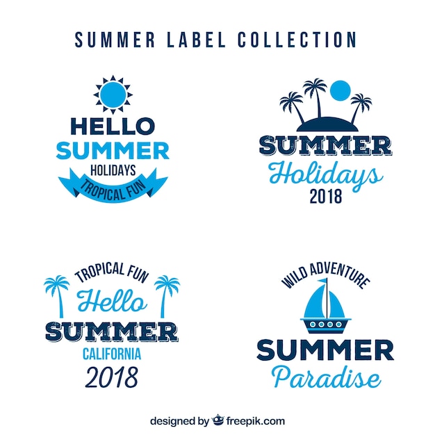 Vettore gratuito set di etichette colorate estate con elementi di spiaggia in stile piano