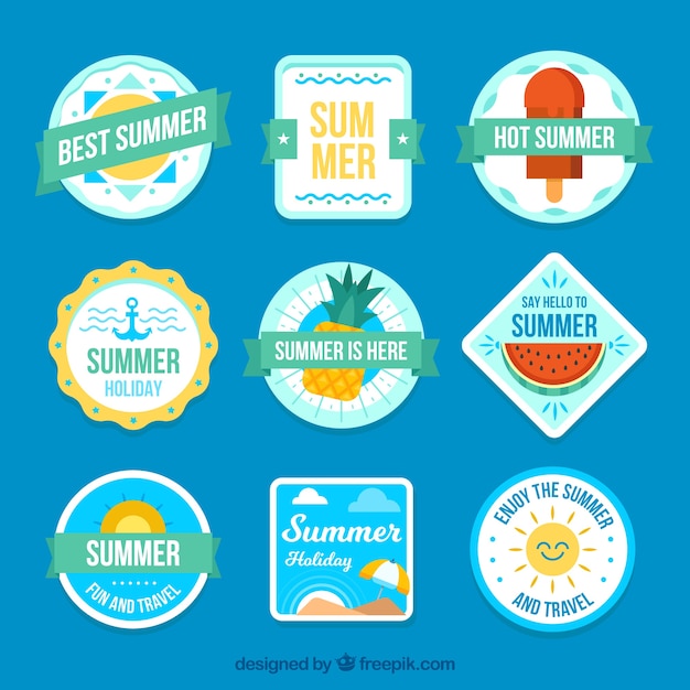 Free vector set of colorful summer labels with beach elements in flat style