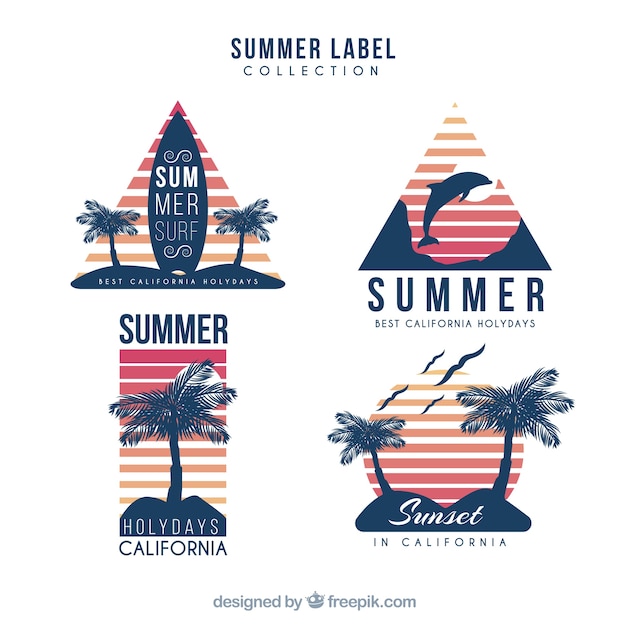 Vettore gratuito set di etichette colorate estate con elementi di spiaggia in stile piano