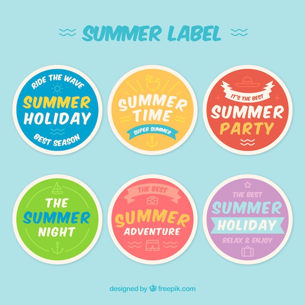 Free vector set of colorful summer labels with beach elements in flat style