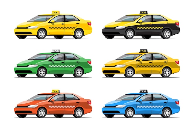 Set of colorful Taxi car service transport on white background, isolated  flat  illustration