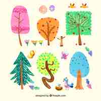 Free vector set of colorful trees in watercolor style