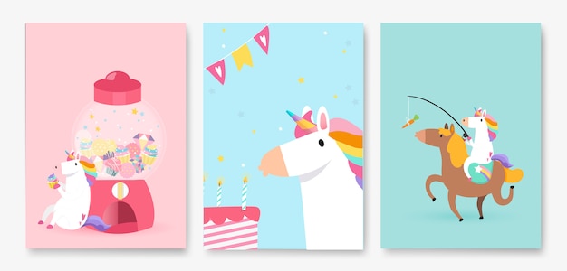 Free vector set of colorful unicorn birthday card vectors