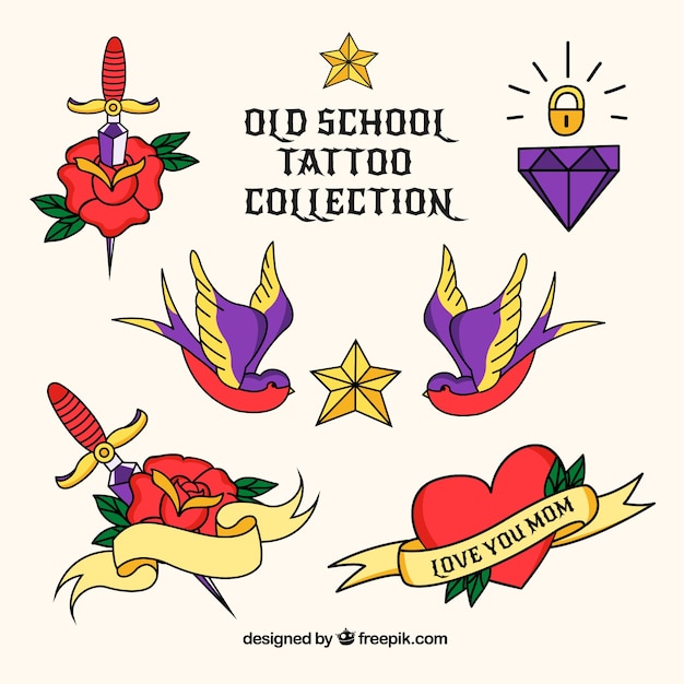 Free vector set of colorful vintage tattoos