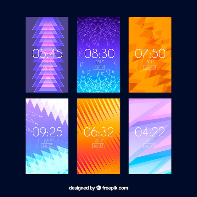 Set of colorful wallpapers for mobile with geometric shapes