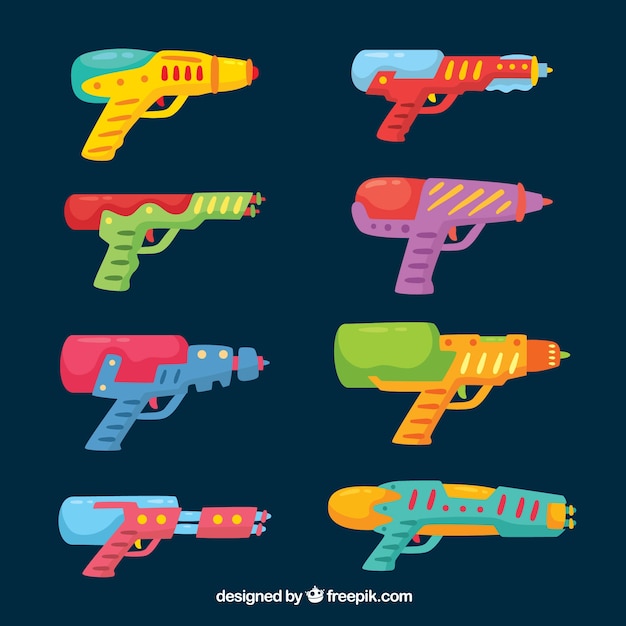 Free vector set of colorful water guns with plastic material
