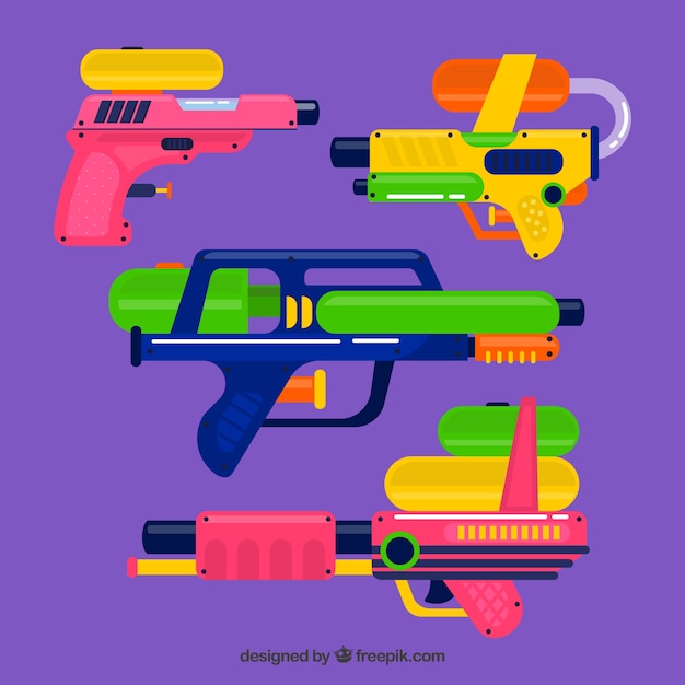 Free vector set of colorful water guns with plastic material