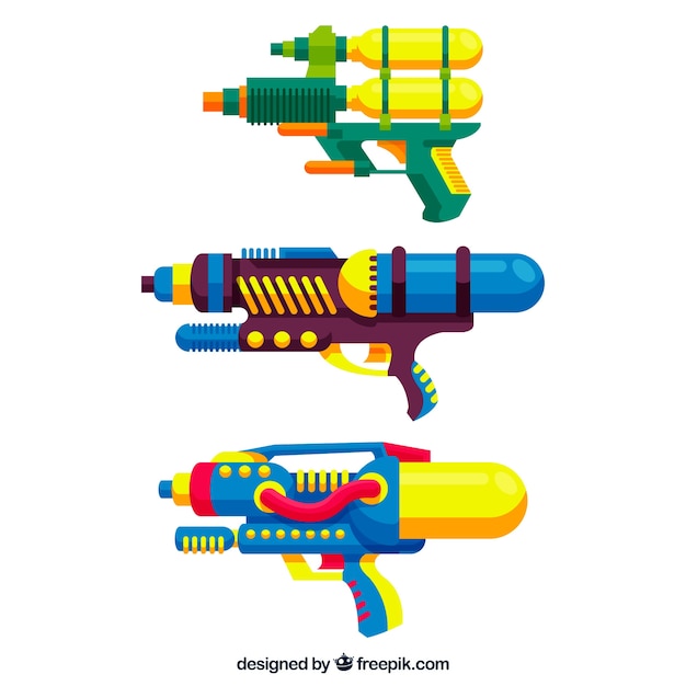 Vettore gratuito set di pistole ad acqua colorate con materiale plastico