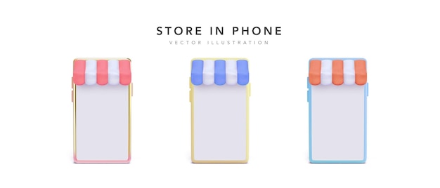 Набор реалистичного магазина цвета в вашем телефоне с тенью, изолированной на белом фоне. Векторная иллюстрация