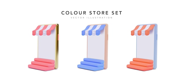 Free vector set of colour realistic store in your phone with stairs isolated on white background. vector illustration