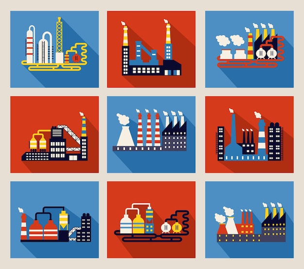 Free vector set of colourful vector industrial factory buildings and refineries