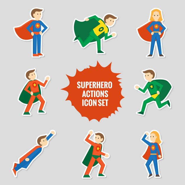 Free vector set of comic character superheroes full body in sticker style vector illustration