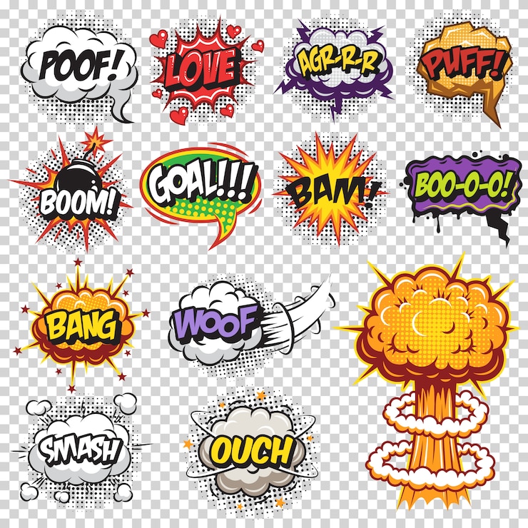 Free Vector set of comics speech and explosion bubbles. colored with text on transparent background.