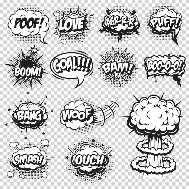 Free vector set of comics speech and explosion bubbles. monochrome style with text on transparent background.