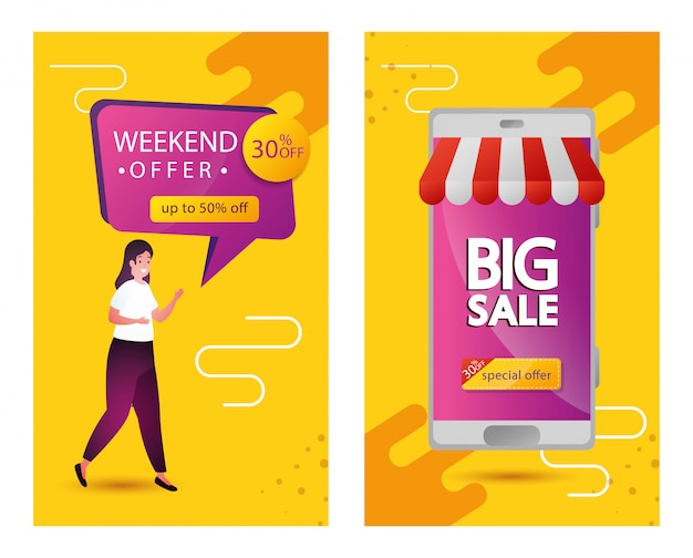 Set of commercial labels weekend offer lettering